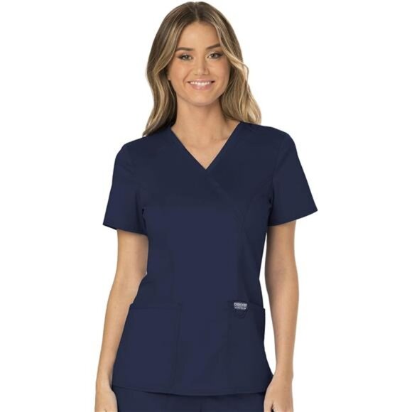 Scrubs Top for Women Mock Wrap with 3 Pockets, Soft, 2-Way Stretch - Picture 1 of 7